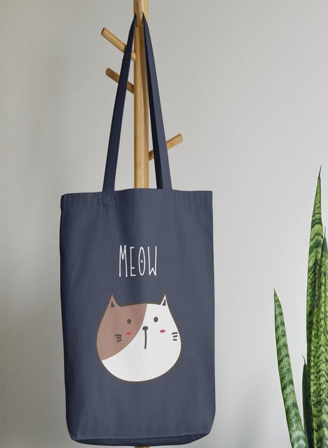 Roundsun Rounsdun Olive Reusable Canvas Tote Bag | Durable | Eco-Friendly Shopping Bag | Stylish Large Capacity | Comfortable Handles for Everyday Use With Main Zipper Closure & Inner Pocket (Meow, Navy) - Image 4